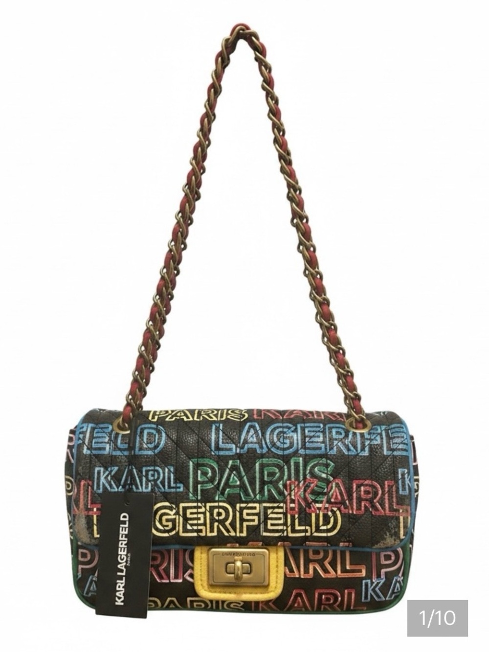 Karl Lagerfeld Black Quilted Shoulder Bag with Multicolor Logo Print